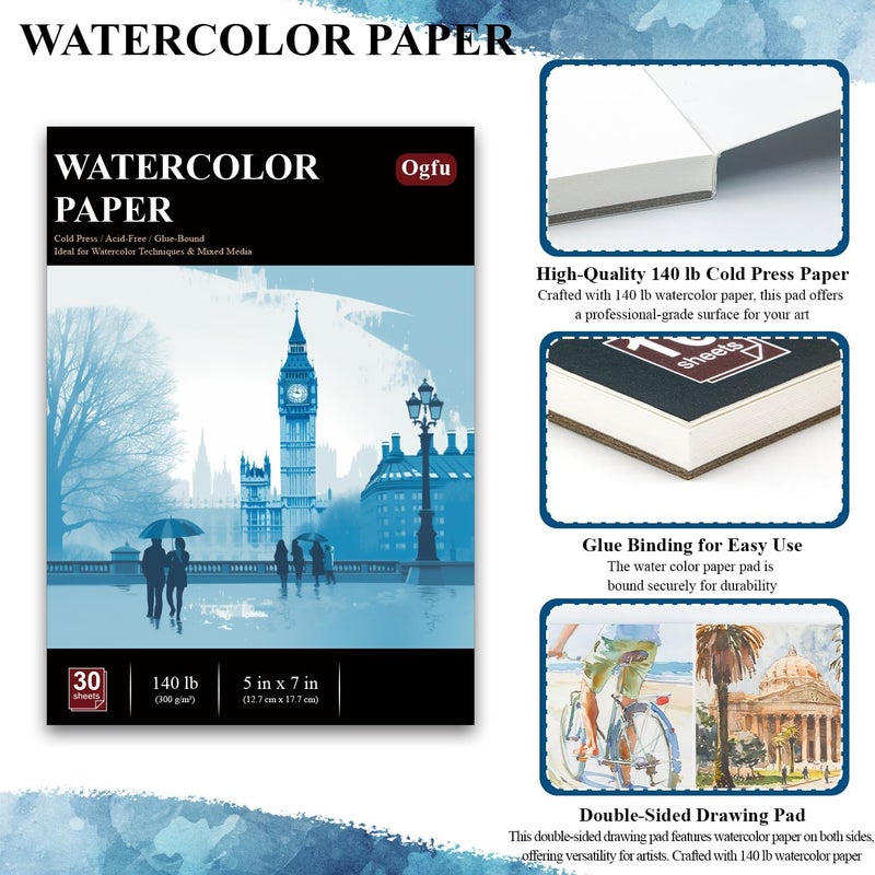 Ogfu Watercolor Paper 5x7, Small Watercolor Sketchbook, 30 Sheets (60pages) 140 lb Cold Press Water Color Paper, 300gsm Paper for Water Color Paint, Watercolor Art Supplies for Adults & Beginners. - Image 4